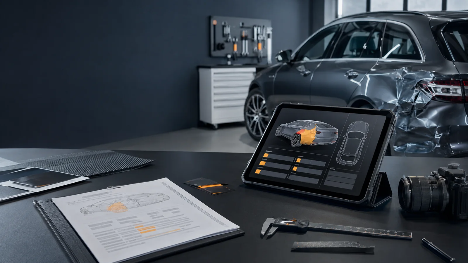 Technische Fahrzeugbewertung mit Tablet, Messwerkzeugen und Schadendokumentation